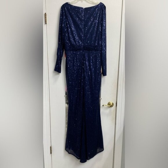 Mac Duggal 26490 Size 14 Midnight Blue Sequined Long Sleeve V-Neck Gown NWT - Picture 14 of 16